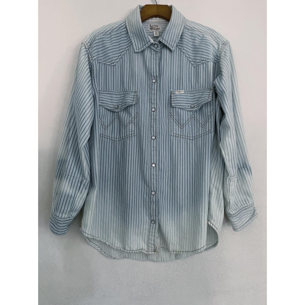 Billabong X Wrangler Shirt Womens S Blue Stripe Western Long Sleeve Snap Button
